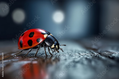 ladybug on a wooden surface with bokeh background. macro