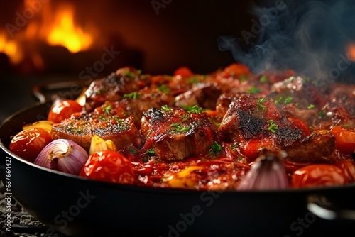 Meat with vegetables in the frying pan on the background of the fireplace