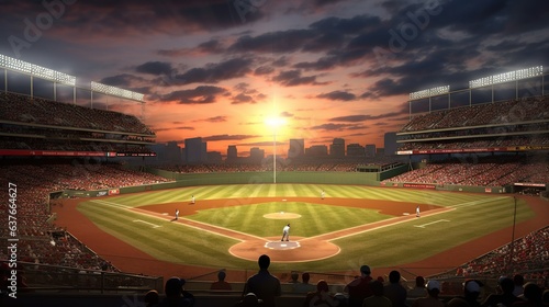 Baseball stadium at sunset with fans in the background. 3D rendering