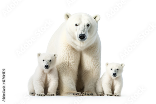 Image of family group of polar bears on white background. Wildlife Animals. Illustration, Generative AI. photo