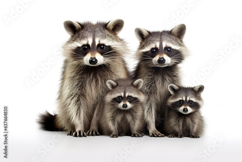 Image of family group of racoons on white background. Wildlife Animals. Illustration, Generative AI. © yod67