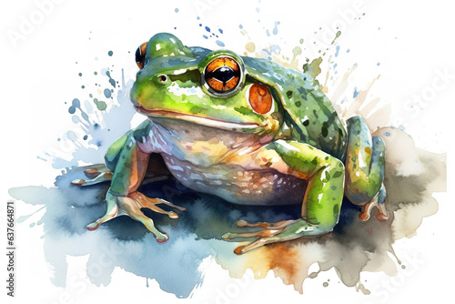 Watercolor painting of a green frog on a white background. Amphibian. Illustration, Generative AI. © yod67