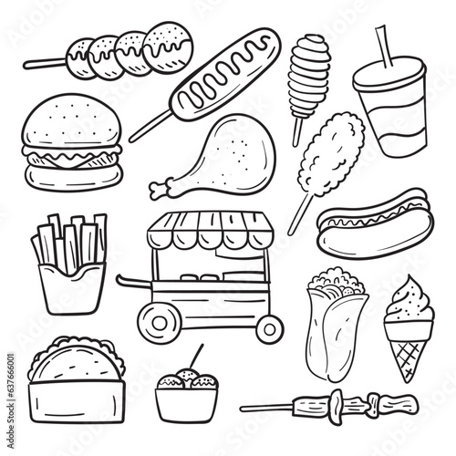 Set of street food doodles isolated on white background. Hand-drawn street food vector illustration