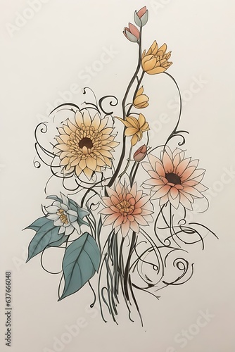 A vibrant  minimalist drawing of flowers with an arched back and a stick-and-poke style using earthy tones 