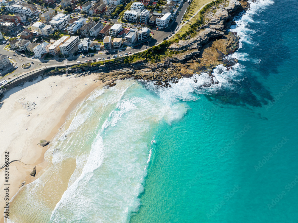 Obraz premium Aerial view of Maroubra Beach coastline with ocean waves and sand, Sydney New South Wales Australia