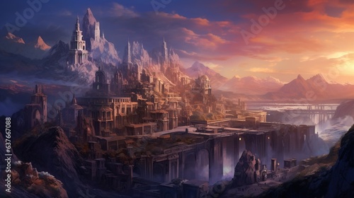 Fantasy landscape with old castle and mountains. 3D illustration.