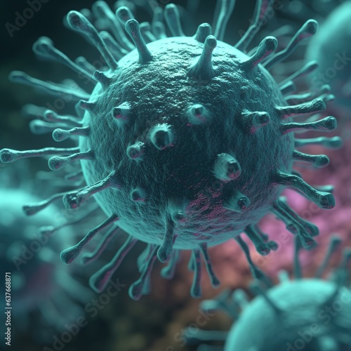 Digital illustration of Flu virus in colour background. 3D rendering