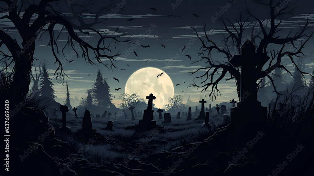 An eerie cemetery illuminated by the full moon An eerie cemetery illuminated by the full moon