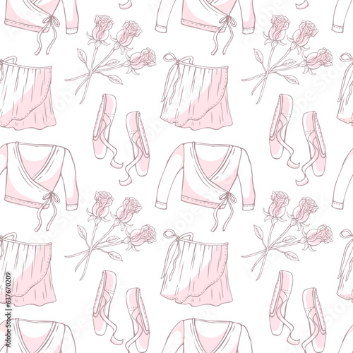 Elegant pattern of women's clothing and roses on white background