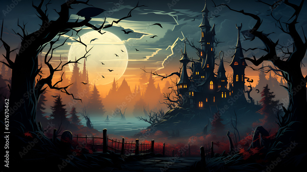 Spooky castle nestled in a black forest sitting on top of a hill under a full moon