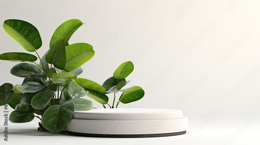 Close-up of podium design for product display or product stand with leaf ornaments and minimalist background Close-up of podium design for product display or product stand with leaf ornaments and minimalist background