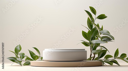 Close-up of podium design for product display or product stand with leaf ornaments and minimalist background