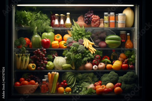 Open fridge with various vegetables  fruits and dairy on shelves 
