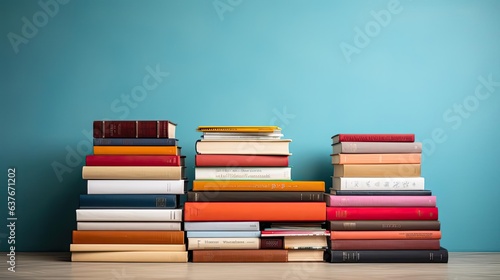 Close-up of pile of books on minimalistic background or stock of books for world book day background