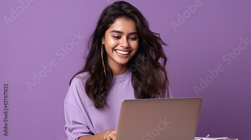 A happy Indian woman with laptop computer working or studying online on lilac background. Generative Ai