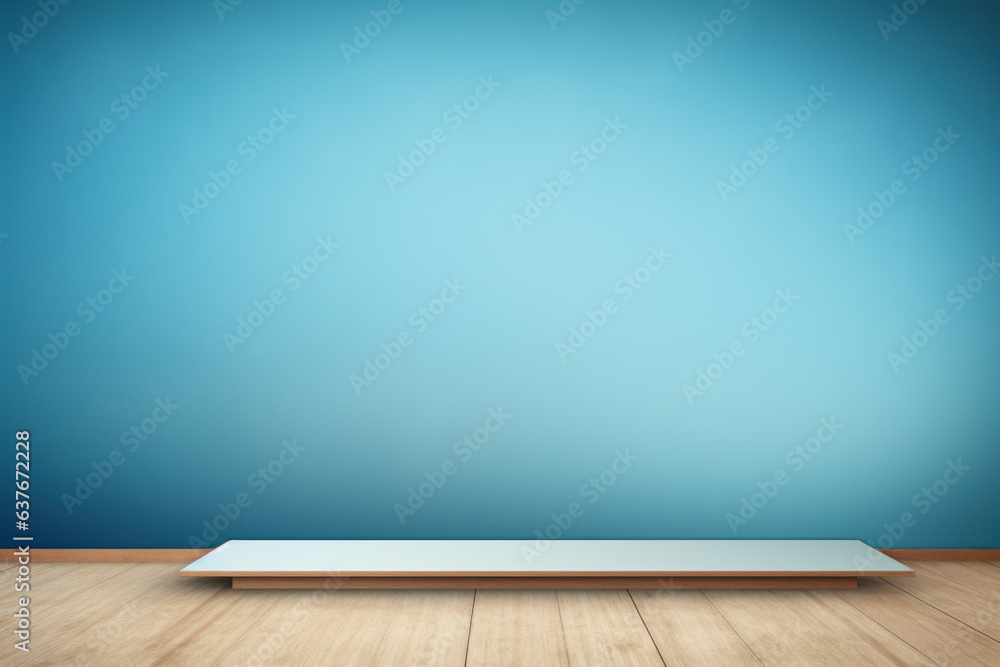 Light Blue Background Wall with Platform and Empty Space, Wood Floor, Design Potential, Generative AI - obrazy, fototapety, plakaty 