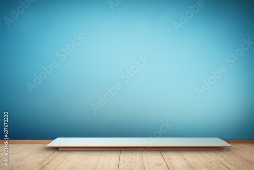 Light Blue Background Wall with Platform and Empty Space, Wood Floor, Design Potential, Generative AI