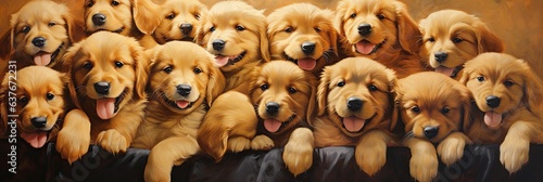 oil painting of a lot of puppies golden retriever, generative AI