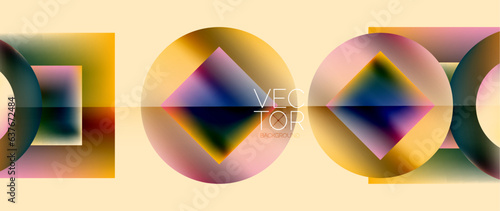 Squares and circles design. Fluid color gradients with metallic effects. Serene synergy of shapes, merging squares and circles into harmonious, captivating design