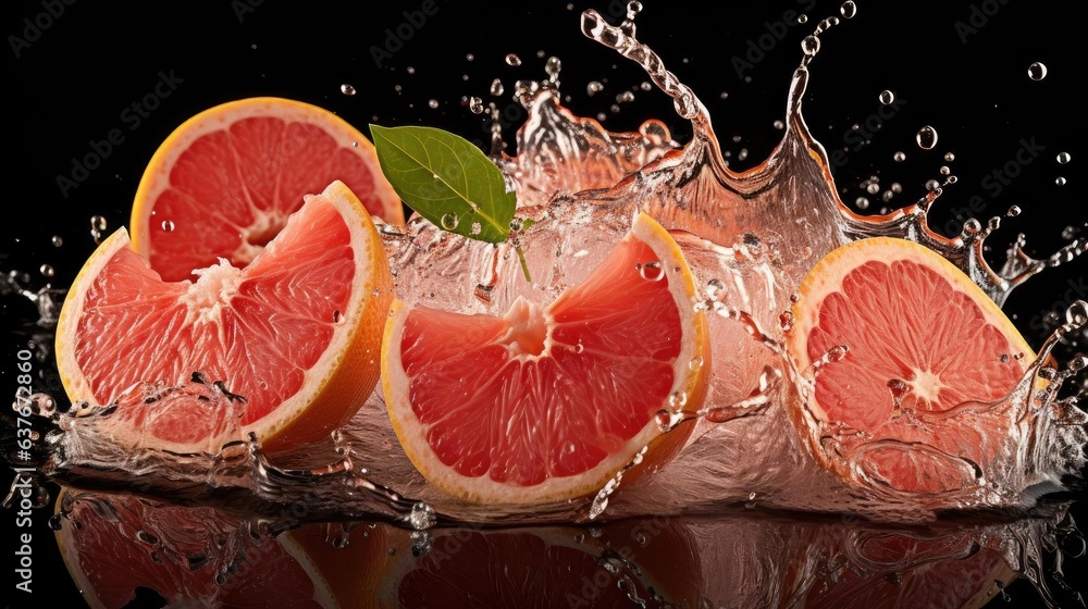 Close-up of fresh grapefruits splashed with water on black and blurred background Close-up of fresh grapefruits splashed with water on black and blurred background