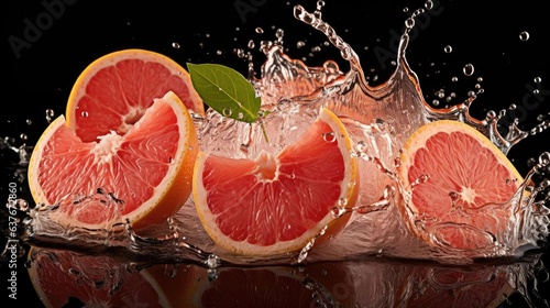 Close-up of fresh grapefruits splashed with water on black and blurred background