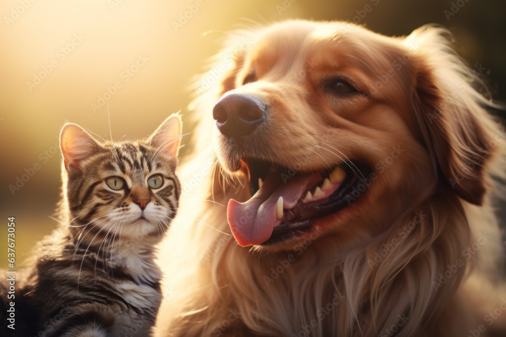 Golden retrievers dog and cat best friends