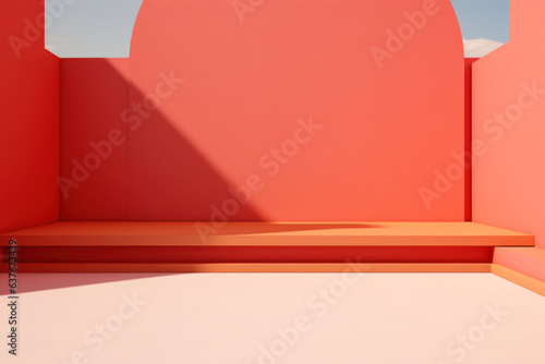 Contrasting Elements  Red Wall and Blue Sky Stage Platform with Sunlight  Ideal for Design and Photography  Copy Text  Generative AI