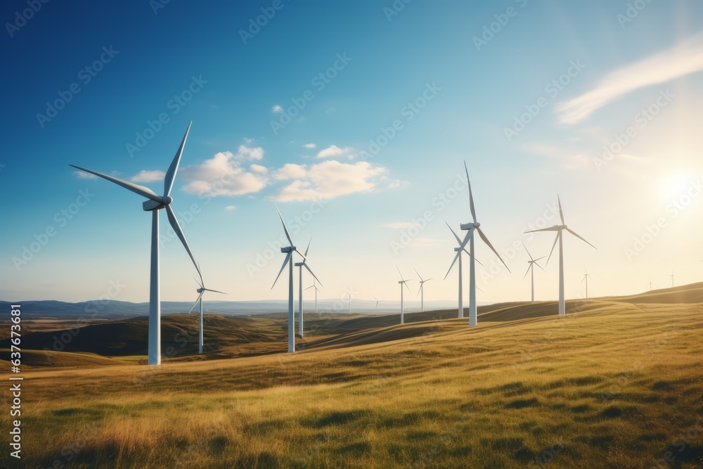 Wind turbines on beautiful sunny summer autumn mountain landsape. Curvy road through mountain Eolic park. Green ecological power energy generation. Wind farm eco field Wind turbines on beautiful sunny summer autumn mountain landsape. Curvy road through mountain Eolic park. Green ecological power energy generation. Wind farm eco field