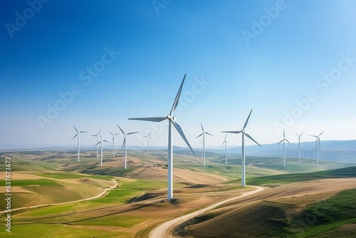 Panoramic view of wind farm or wind park, with high wind turbines for generation electricity with copy space. Green energy concept.