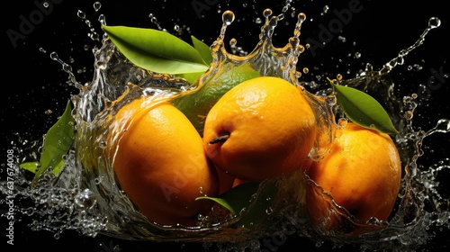 Close-up of fresh yellow mangoes splashed with water on black and blurred background
