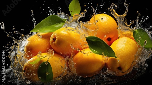 Close-up of fresh yellow mangoes splashed with water on black and blurred background