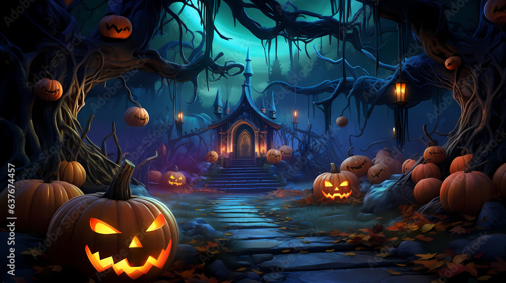 Halloween background with playful pumpkins,Halloween background with Evil Pumpkin. Spooky scary dark Night forrest. Holiday event halloween banner background concept,road forest Halloween background with playful pumpkins,Halloween background with Evil Pumpkin. Spooky scary dark Night forrest. Holiday event halloween banner background concept,road forest
