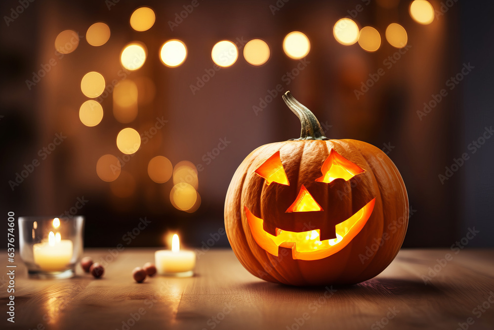 Fototapeta premium Rustic wooden background with Halloween pumpkin lantern. Autumnal decor, spooky night. Smiling jack-o-lantern, lantern light. Candlelit fun. AI Generative magic.