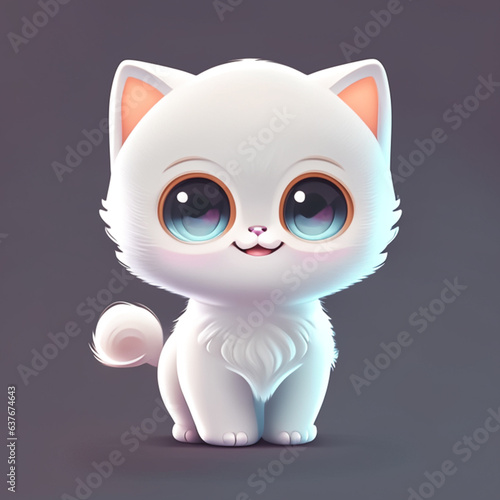 Cute cartoon white kitten with blue eyes sitting on a gray background