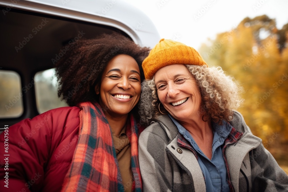 Generative AI : Happy senior women from different ethnicities laughing together outdoor - Multiracial mature friends having fun - Joyful elderly lifestyle