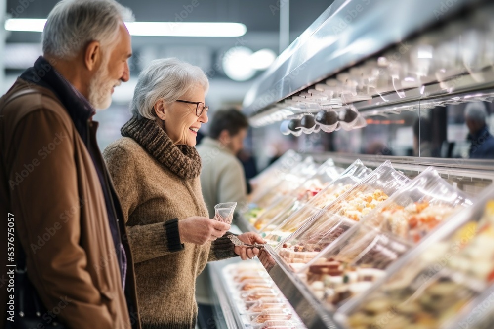 Generative AI : Attentive old man and woman purchaser choosing frozen product out of large stock in supermarket