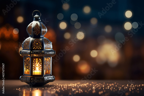 Happy ramadan kareem. Mosque, lantern, geometric arabic pattern for background. Generated ai