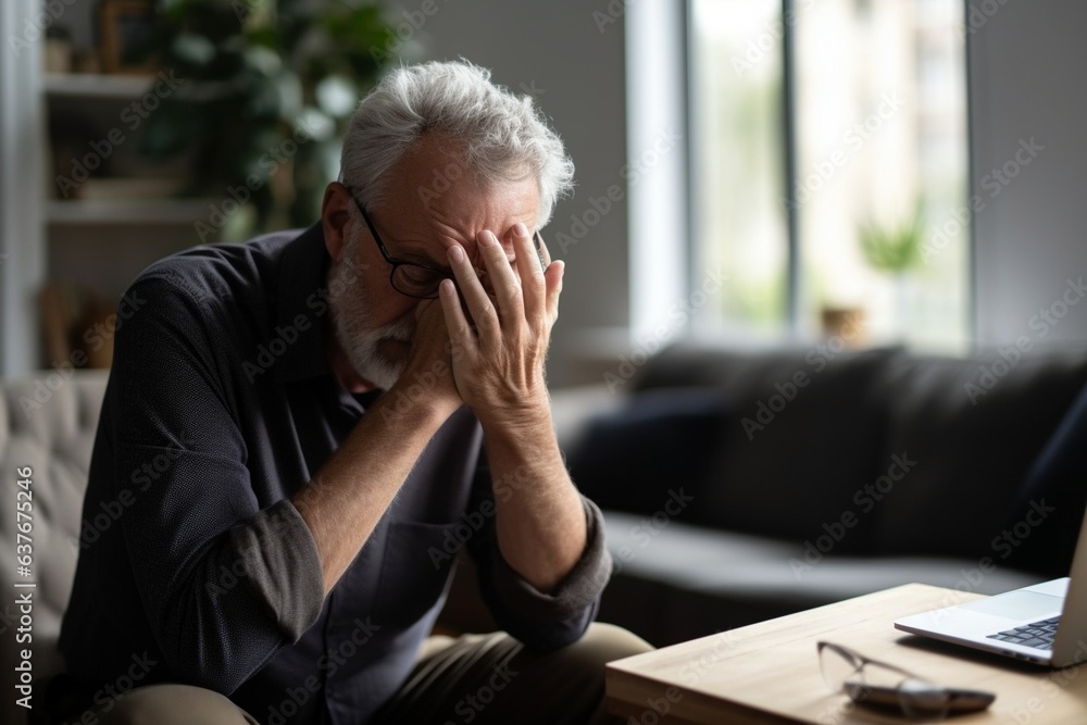 Generative AI : Frustrated unhappy middle aged mature man sitting on sofa, feeling depressed alone at home. Generative AI : Frustrated unhappy middle aged mature man sitting on sofa, feeling depressed alone at home.
