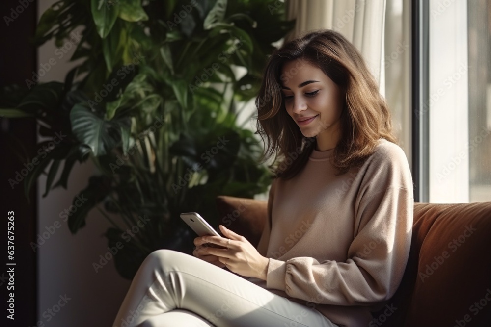 Generative AI : Young woman sitting on couch holding smartphone, looking at cellphone using cell phone Generative AI : Young woman sitting on couch holding smartphone, looking at cellphone using cell phone