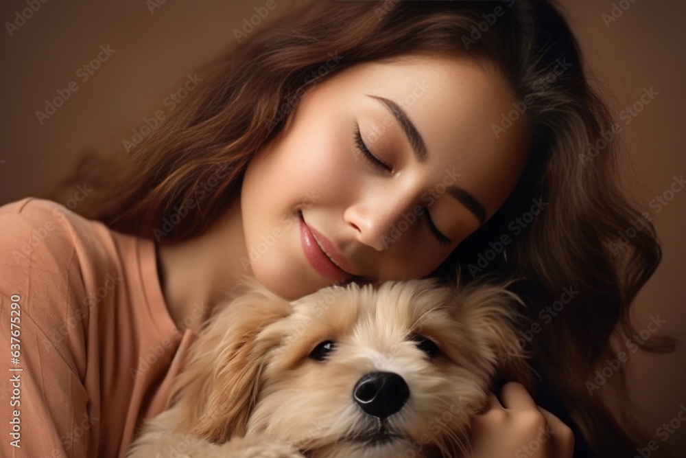 Generative AI : Pleasant awesome girl with closed eyes expresses her love to a pet Generative AI : Pleasant awesome girl with closed eyes expresses her love to a pet
