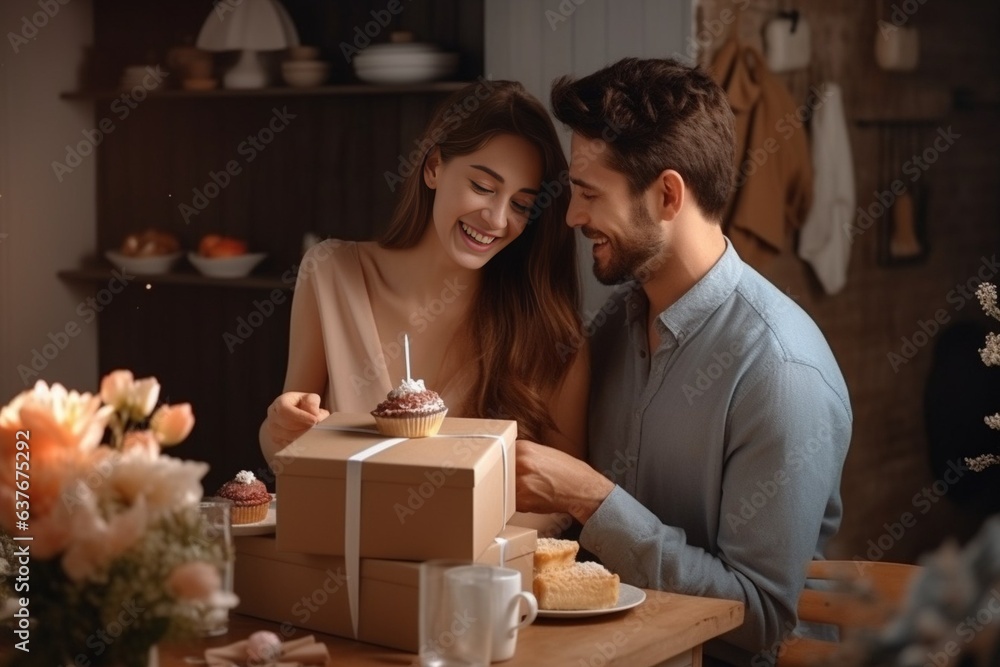 Generative AI : Gift woman man couple happy love happiness present surprise romantic smiling together Generative AI : Gift woman man couple happy love happiness present surprise romantic smiling together