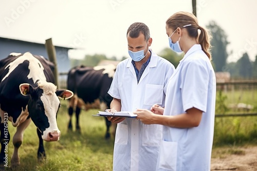 Obraz na płótnie Generative AI : Group of veterinarians doctor checking health status of cattle at cows farm