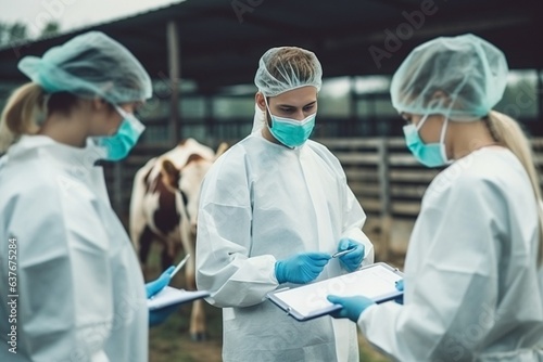 Valokuvatapetti Generative AI : Group of veterinarians doctor checking health status of cattle at cows farm