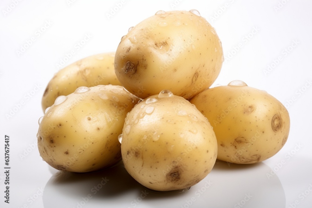 Generative AI : Fresh Potato vegetable with water droplets isolated on white background with clipping path Generative AI : Fresh Potato vegetable with water droplets isolated on white background with clipping path