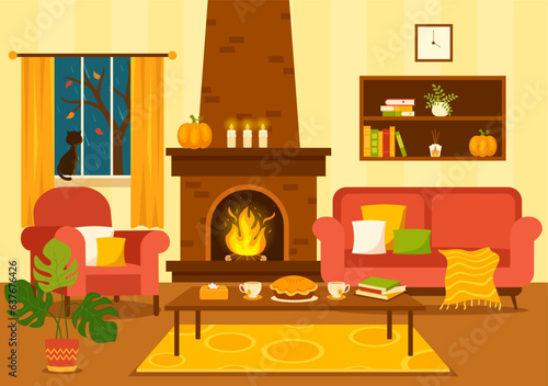 Autumn Cozy Home Decor Vector Illustration with Living Room Interior Furniture Background Elements in Flat Cartoon Hand Drawn Templates