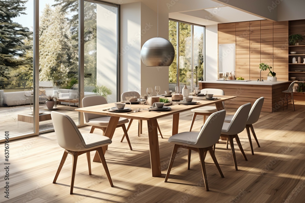 The interior of the Radical style dining room with wooden tables with modern luxury chairs offers a natural comfortable atmosphere with warm sunlight.