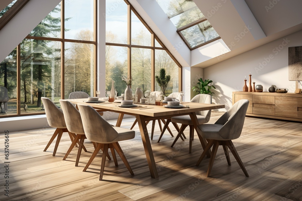 Fototapeta premium The interior of the Radical style dining room with wooden tables with modern luxury chairs offers a natural comfortable atmosphere with warm sunlight.
