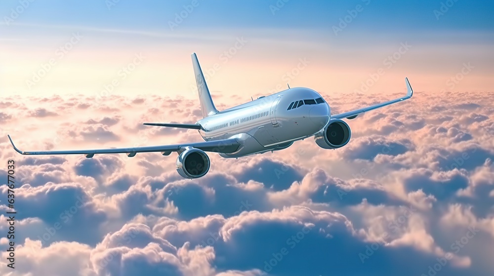 Commercial airplane flying above the clouds in the blue sky. 3d illustration