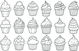 Set of cute cupcakes. Outline illustration, Funny dessert illustration, sweets doodle set, print design. Holiday line icons, coloring page cupcakes set