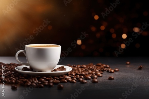 International Coffee Day. stylish cup with saucer, dark Background for designer.